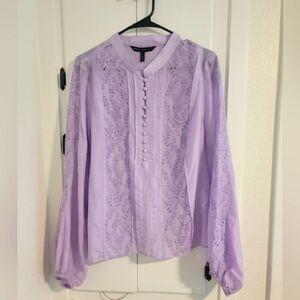 White House Black Market Silk Pleated Long Sleeve Lazer Cut Button Up Lilac Top